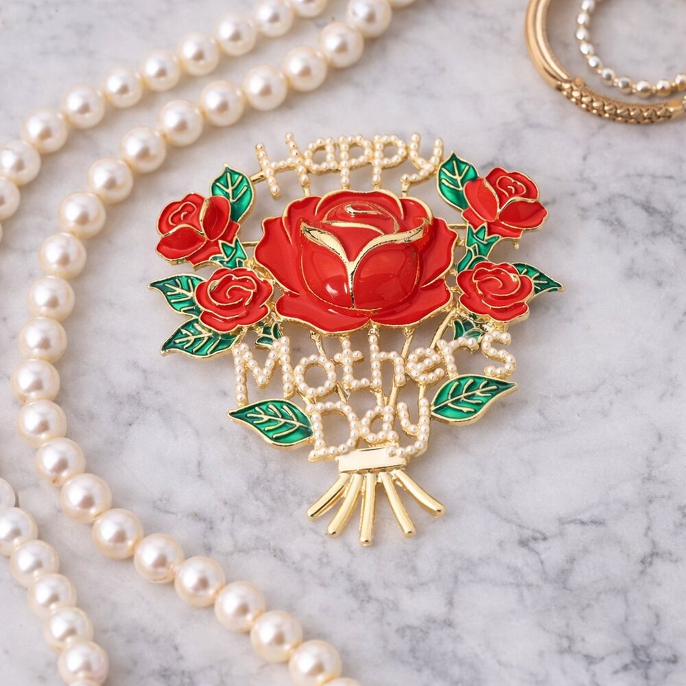 Happy Mother’s Day Rose Brooch – Red Floral Gift Pin for Mom